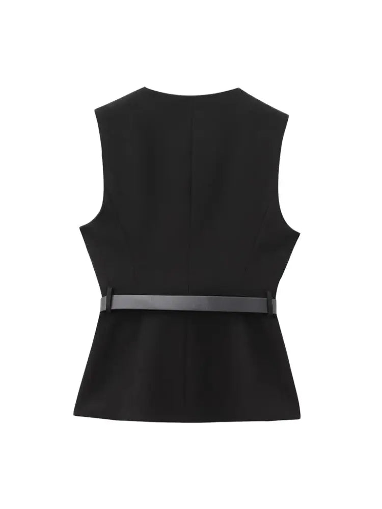 Women's Long Waistcoat with Belt, Front Gold Button, O Neck Sleeveless Vest, Female Outerwear, Chic Tops, Fashion