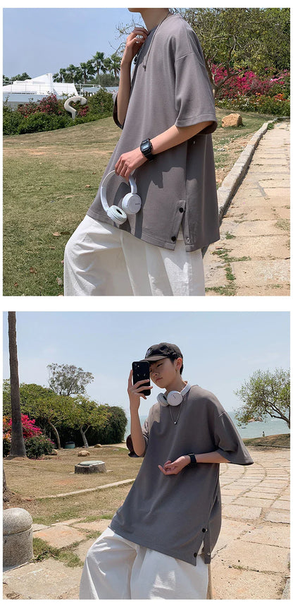 Plus Size 5XL-M Men's Side Slit T-shirt Solid Color t shirt Men Women Causal O-neck Basic Tshirt Male Oversized Tops 4 Colors