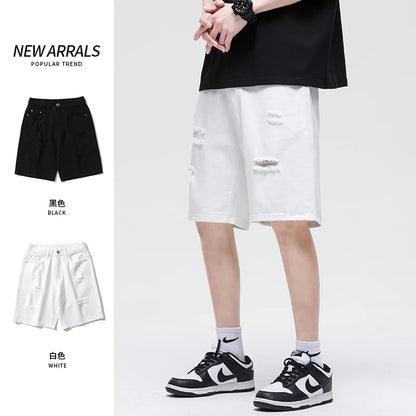 Summer New White Casual Men's Denim Shorts Ripped Fashion Loose Straight Street Bermuda Jeans Male Hole Short Pants