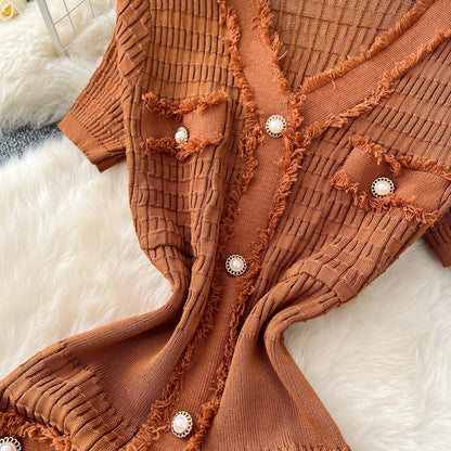 High Quality Elastic Knitted Long Sundress Women Short Sleeves Button Design Office Lady Vintage Split Slim Dress