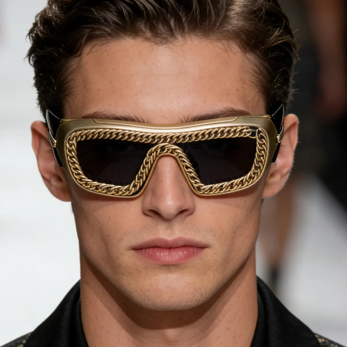 Luxury Gold Chain Small Rectangle Sunglasses Man Thick Frame Punk Rock Hip Hop Party Cool Shades UV400 gafas sol hombre
