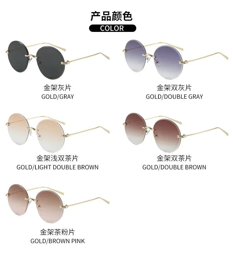 2026 New Fashion rimless circle frame sunglasses for women new alloy oversize gradient knot sun glasses ladies sexy shades uv400