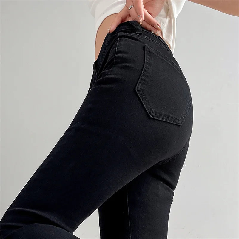 Women Fashion Flare Jeans Winter Streetwear Y2K Straight Pants Ankle Length Denim Jeans Girls Party Casual Retro Blue Trousers