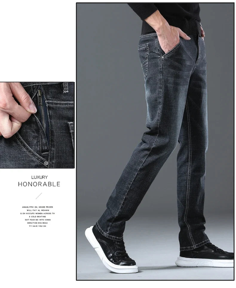 2024 New Men's Clothing Casual Jeans Winter New Fleece Pants Thick Warm Fashion Straight Fit Male Denim Trousers