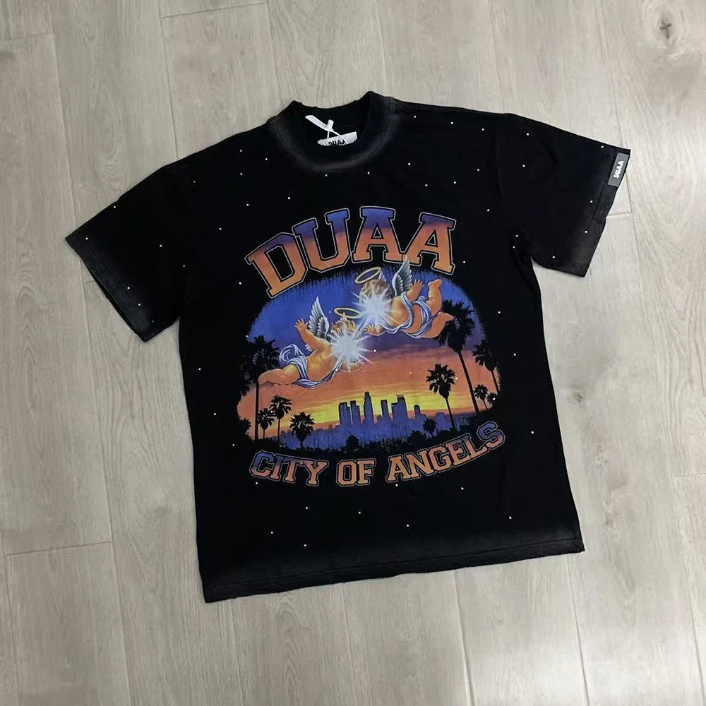 Car Letter Rhinestone Washed Cotton Short Sleeve Tshirts for Men and Women Harajuku Hip Hop Loose Shinning Diamond Tees Oversize