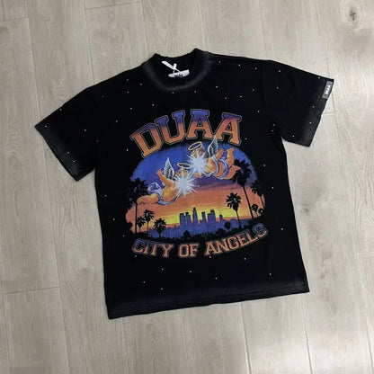 Car Letter Rhinestone Washed Cotton Short Sleeve Tshirts for Men and Women Harajuku Hip Hop Loose Shinning Diamond Tees Oversize