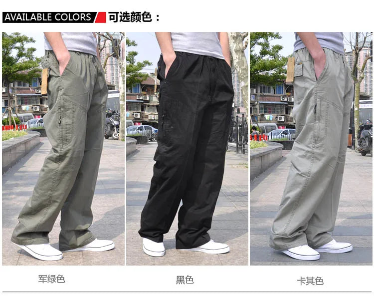 Spring Men cargo cotton pants pocket large size big 8XL 10XL 9XL 140KG loose out door casual safari style pants black 46 48 50