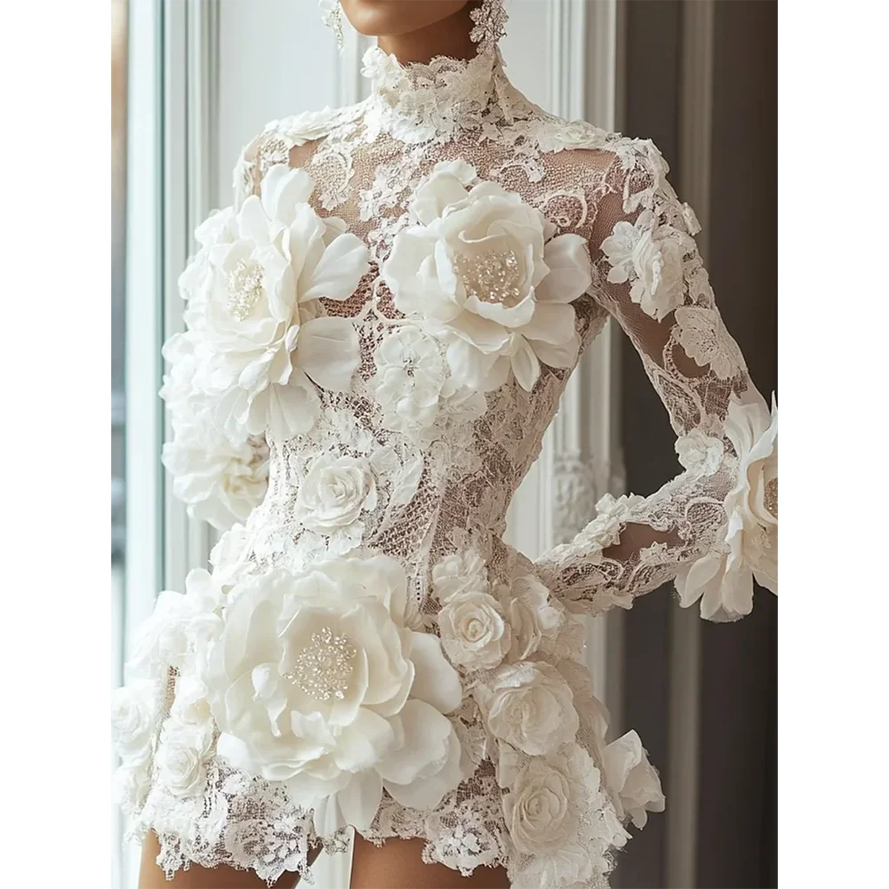 Exquisite Mini Cocktail Dresses for Woman Customized High Collar Long Sleeve Beading Flowers Luxury Prom Party Gowns 2026
