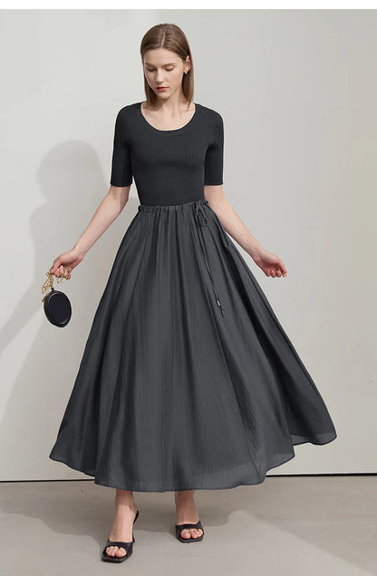 Minimalist New Summer Knee Length A-line Skirt Women Adjustable Drawstring Solid Color Commuting Style Loose Skirt 12522025