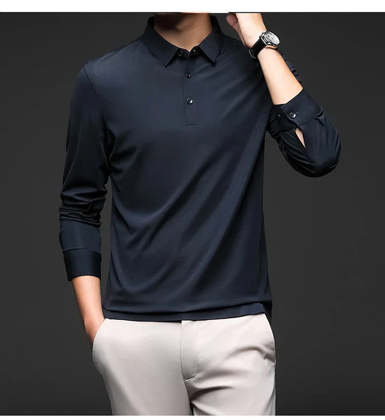 Mulberry Silk Men's Polo Shirts Luxury Long Sleeve Solid Color Golf Male T-shirts Spring Autumn Business Casual Man Tees