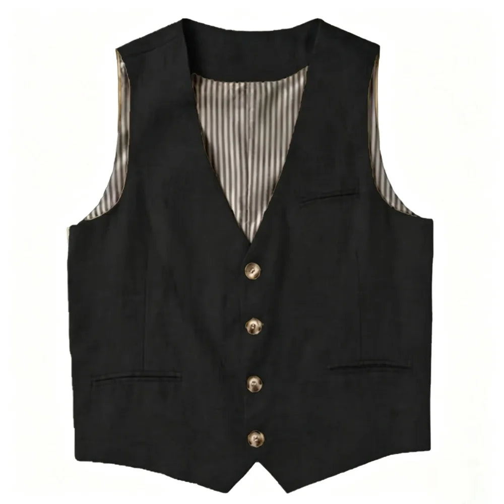 Beige Linen Men's Vest V Neck Summer Waistcoat Single Breasted Light Weigt Men's Suits Vest