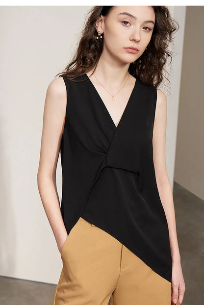 Women's Blouse 2026 Summer New Flowy Chiffon Asymmetric Hem Top Elegant Office Solid Casual V-Neck Shirt For Women 12612025