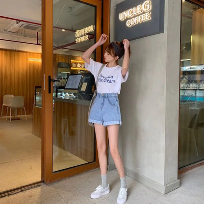 Women's Denim Shorts Wide With Belt High Waist Female Short Jeans Pants Trend 2025 New In Offer Aesthetic Hot Elasticty Outfits