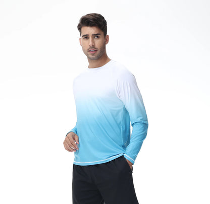 Summer Men's Long Sleeve T-Shirt UPF 50+ Rash Guard Gradient Shirt for Sport Fishing Hiking Workout Outdoor Pullover Shirt