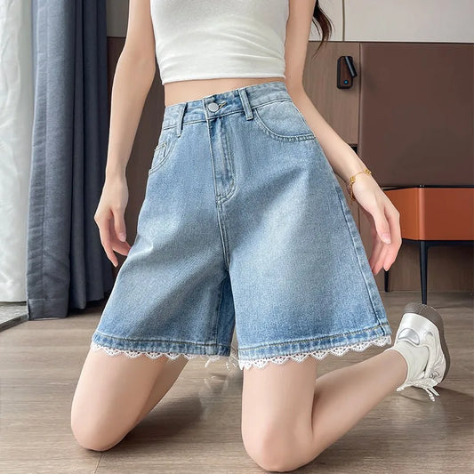 2026 Summer Women's High Waist Denim Shorts, Light Blue Lace Trim. Loose Fit, Slimming & Hide Leg Flaws