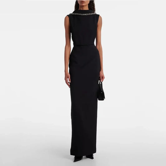 Black Evening Gown For Women Sheath Saudi Dress Floor Length Formal Party Dress Sleeveless Beading Prom Dress