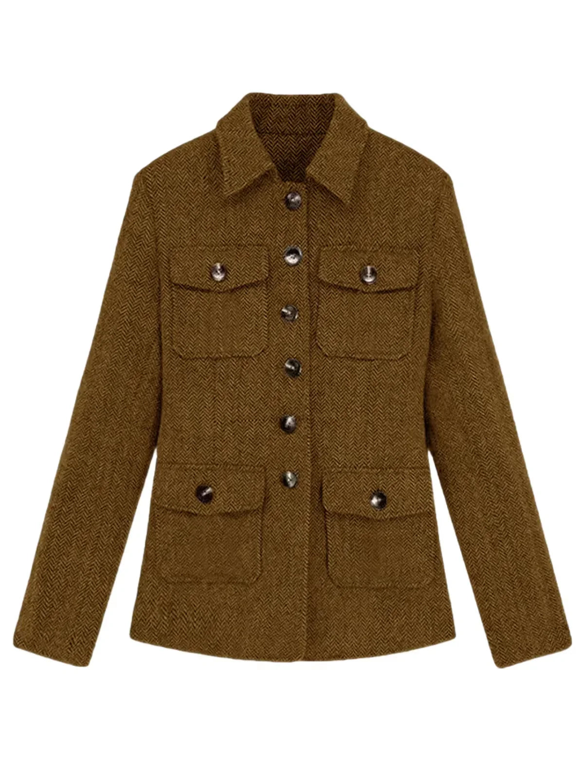 Men's Herringbone Wool Blend Blazer Jacket Notch Collar Utility Multi-Pocket Casual Overcoat For Spring Autumn