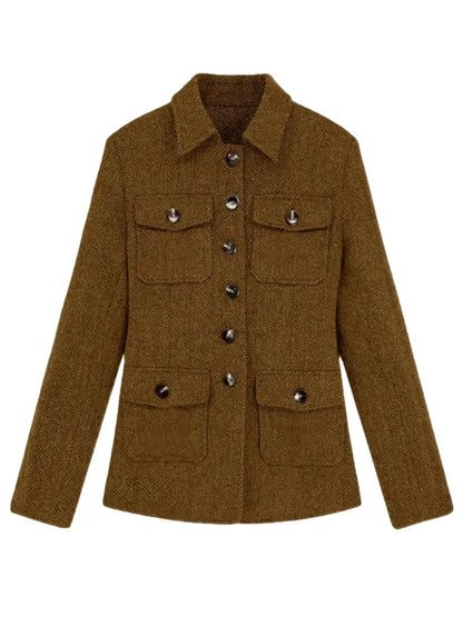 Men's Herringbone Wool Blend Blazer Jacket Notch Collar Utility Multi-Pocket Casual Overcoat For Spring Autumn