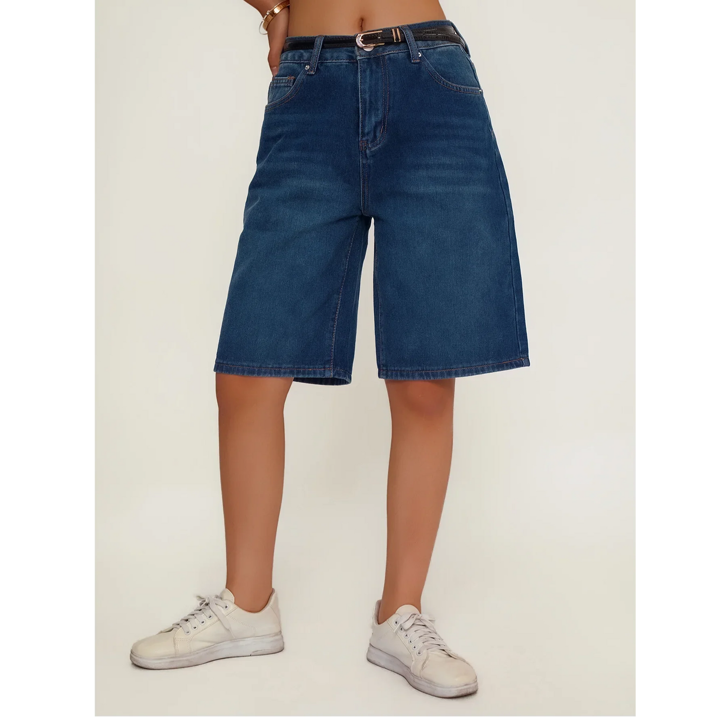 Women's Loose Fit Casual Denim Shorts Deep Blue American Style Spring Summer Suitable All-Match Ladies Jeans Shorts