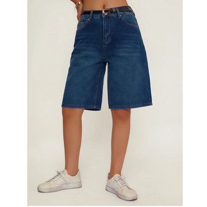 Women's Loose Fit Casual Denim Shorts Deep Blue American Style Spring Summer Suitable All-Match Ladies Jeans Shorts