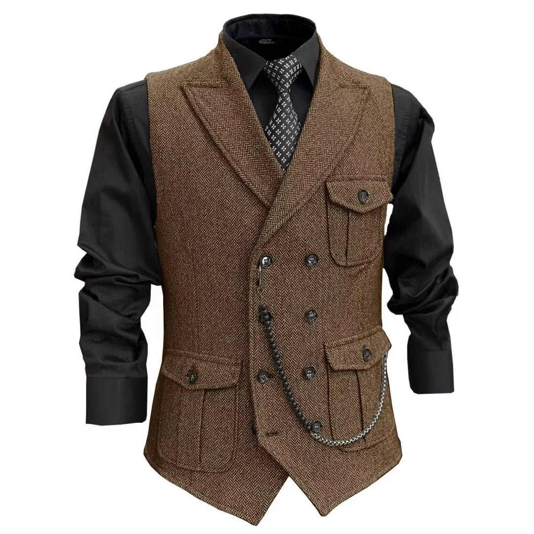 Men Vest GrayHerringbone Double Button With Pocket Waistcoat For Wedding Party Banquet Business Casual Daily Work Men Suit Vest