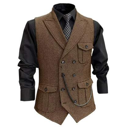 Men Vest GrayHerringbone Double Button With Pocket Waistcoat For Wedding Party Banquet Business Casual Daily Work Men Suit Vest