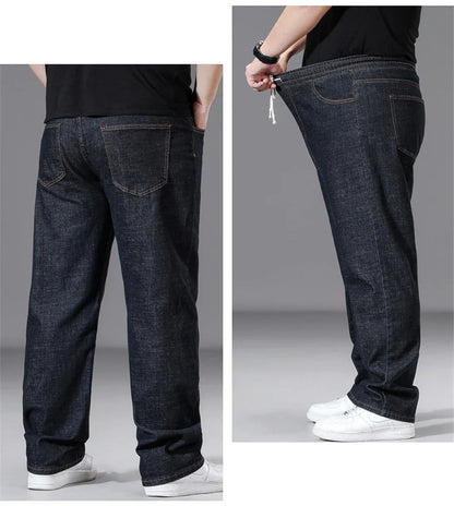 8XL Plus Size Jeans Men Solid Color Denim Pants Male Fashion Casual Baggy Jeans Elastic Waist Straight Pants