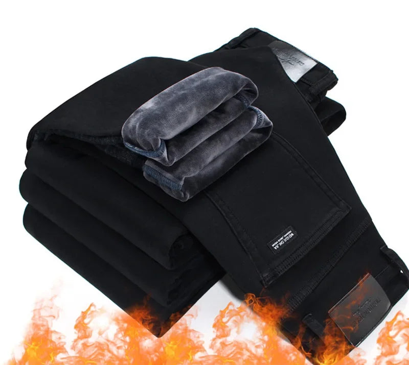 2025 New Business Casual Trousers Grey Fleece Men Clothes Black Blue Elasticity Warm Winter Jeans Velvet Jeans 28-40