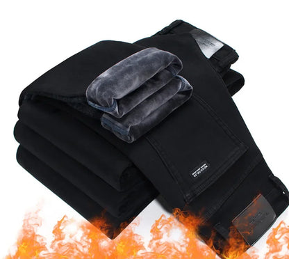 2025 New Business Casual Trousers Grey Fleece Men Clothes Black Blue Elasticity Warm Winter Jeans Velvet Jeans 28-40