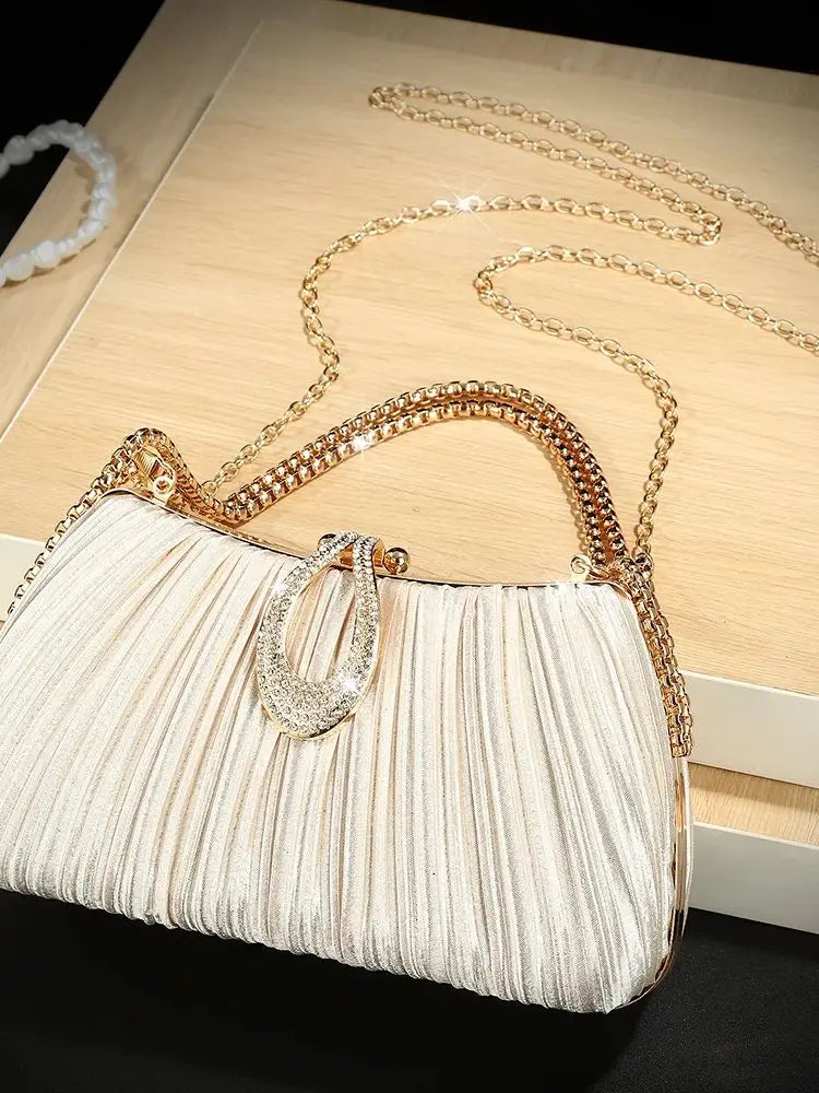 New European and American diamond-encrusted elegant pleated evening bag women's fashionable single-shoulder bag party chain h