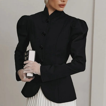 French Style Elegant Retro Stand Collar Black Suit Autumn Winter New Temperament Commute Puff Sleeve Slim Female Coat Tops Trend