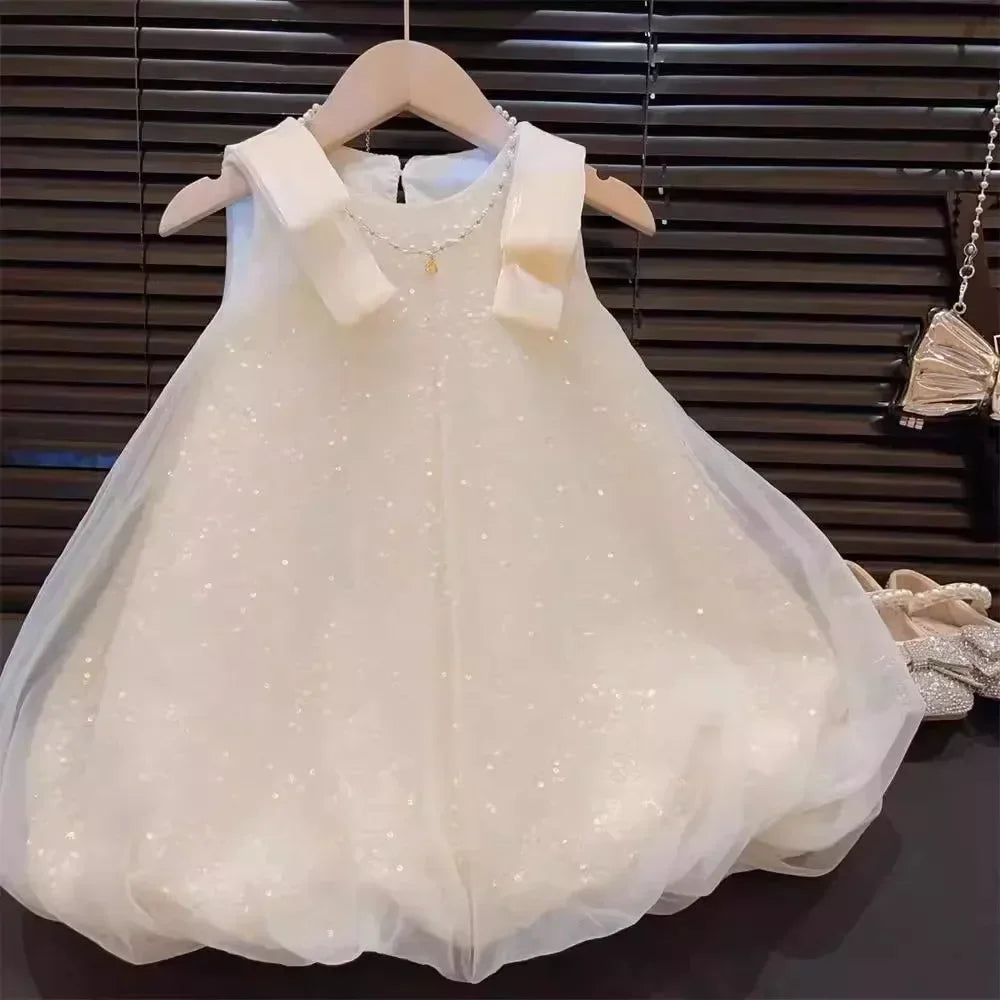 Summer New Girls' Sequined Lace Bow Bubble Princess Dress Korean Version Fashionable Solid Color Kids Clothes 2-7 Years Old