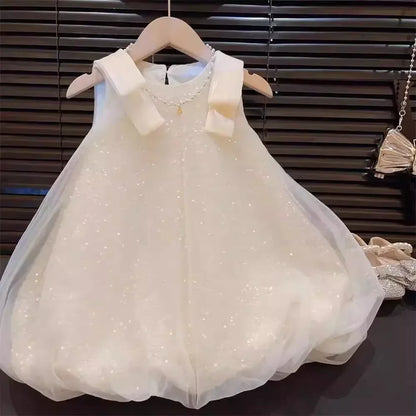 Summer New Girls' Sequined Lace Bow Bubble Princess Dress Korean Version Fashionable Solid Color Kids Clothes 2-7 Years Old