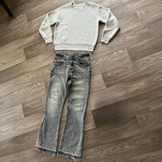 Dollar Pattern Embroidery Retro Jeans Men Y2K Splice Hip Hop Baggy Pants Gothic Streetwear Fashion Low Rise Jeans Clothing New
