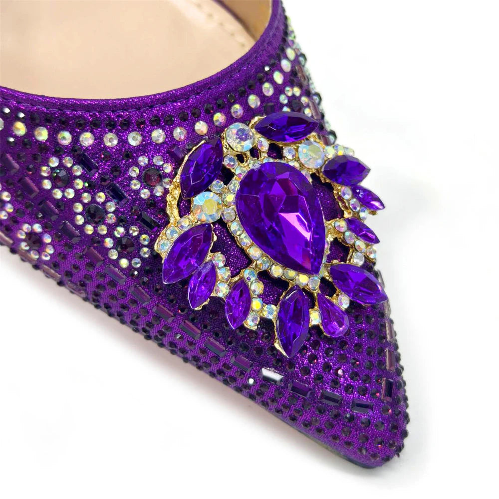 2024 Latest Wedding Pointed Toe Women's Shoes High Heel Black Color Rhinestones italian shoes and bags matching set