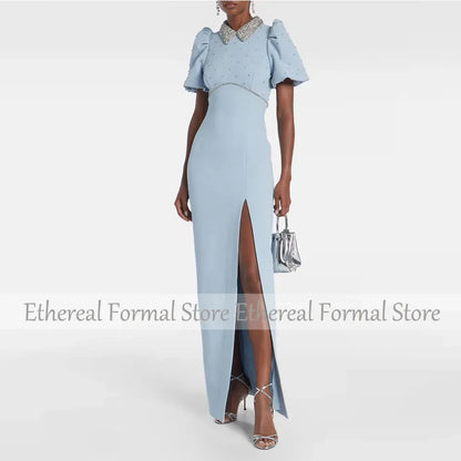 Modern Sky Blue Evening Gown For Wedding Mermaid Formal Party Dress Floor Length Short Sleeves Prom Dress Beading Saudi Dress
