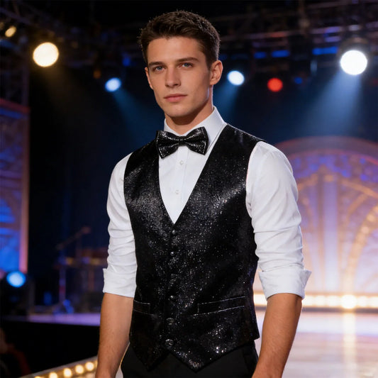 Shiny Golden Green Red Sequin Vest & Bow Tie Set for Men – Perfect for Stage Performances, Weddings, and Formal Parties