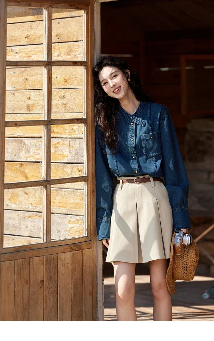 100 Cotton Denim Shirt French Retro Long Sleeved Shirt for Women 2025 Spring Loose Fit O Neck Casual Shirt Top MXE12C0384