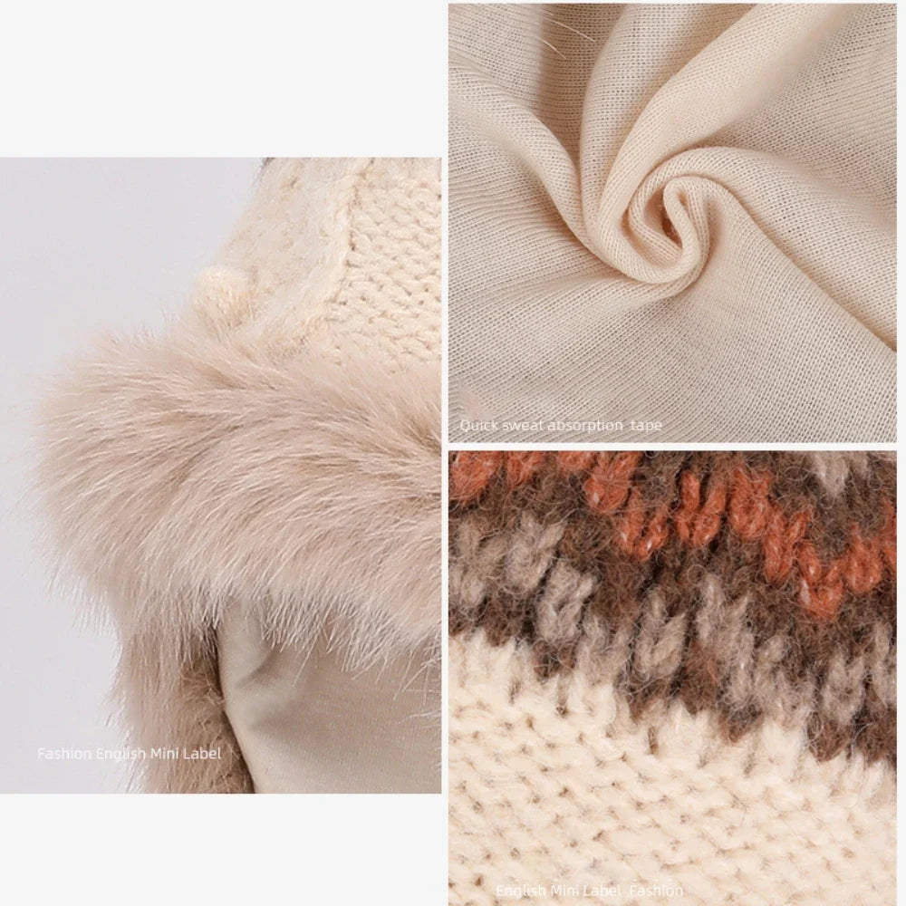 New Thick Warm Women Winter Hat Skullies Beanies Knitted Fur Hat Three Fur Ball Beanie Hat Female Earflap Cap Russian Hat