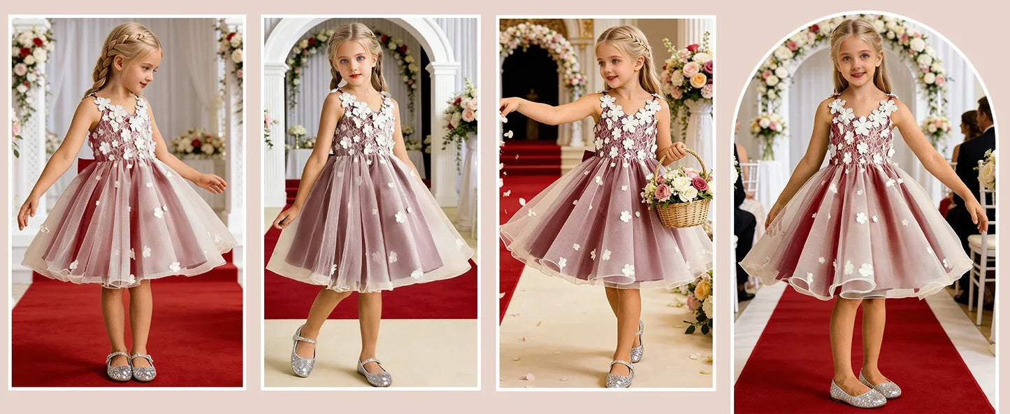 Snvdzo Princess Girls Lace Flower Girl Dress 3D Floral Sleeveless Tulle Princess Wedding Pageant Party Dresses 2026 with Big Bow