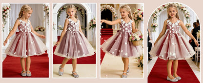 Snvdzo Princess Girls Lace Flower Girl Dress 3D Floral Sleeveless Tulle Princess Wedding Pageant Party Dresses 2026 with Big Bow
