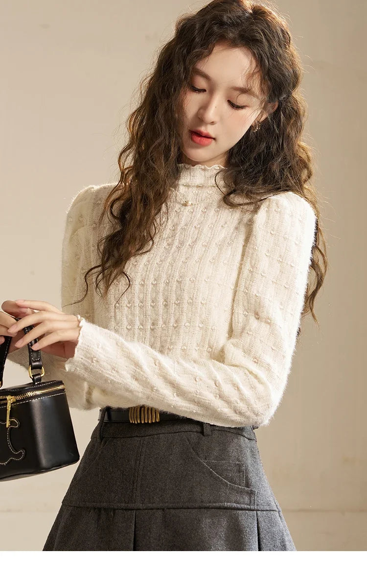 Lace Bottoming Shirt Women Autumn Winter Mock Neck Long Sleeve Knitted Pullover French Warm Inner Top Female MXC58Z0481