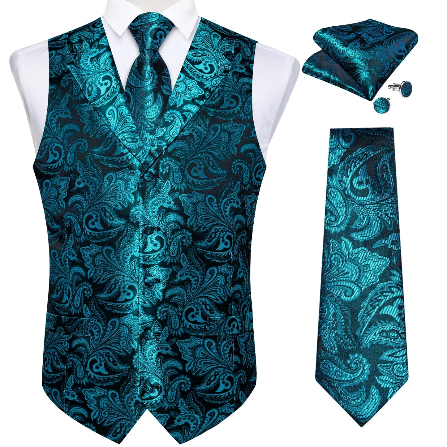 Men's Vest Tie Set Paisley Tuxedo Suit Waistcoat and Necktie Hankerchief Cufflinks for Wedding Party Groom Clothing