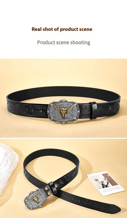 Western Cowboy PU Leather Belt - Men Waist Strap Bull Decoration Floral Engraved for Jeans
