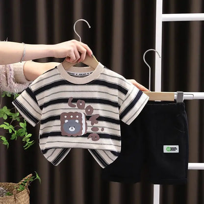 New Summer Baby Clothes Suit Children Boys Striped Beart T Shirt Shorts 2Pcs/Sets Toddler Casual Sports Costume Kids Tracksuits