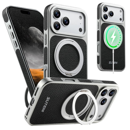 Faux Leather Magnet Wireless Charging Phone Case 360° Rotating Stand Ring Buckle Frosted Feel For iPhone 17 Pro Max 16 15