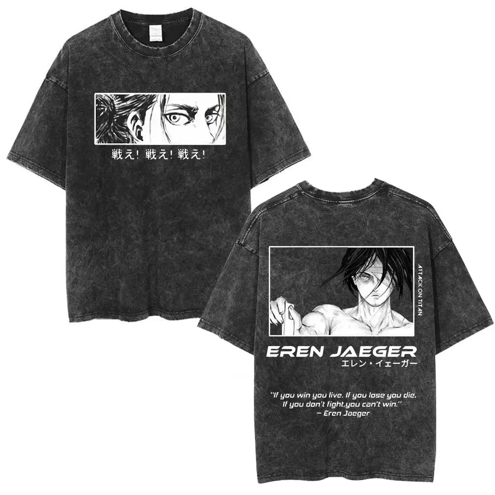 Anime Attack on Titan Washed T-Shirt Ackerman Mikasa Eren Jaeger Cherry Blossom Graphics Logo T Shirt Men Women Cotton T Shirts