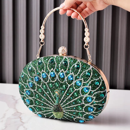 New Peacock Pattern Handbags Diamond Evening Bags for Women 2024 Fashion Luxury Evening Clutch and Purse Rhinestone Shoulder Bag