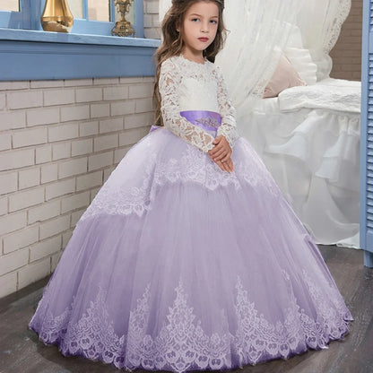 Sweet Lace Flower Girls Dresses Long Sleeves O Neck Formal Dress For Little Girls Wedding Guest Gown Birthday Party Dresses