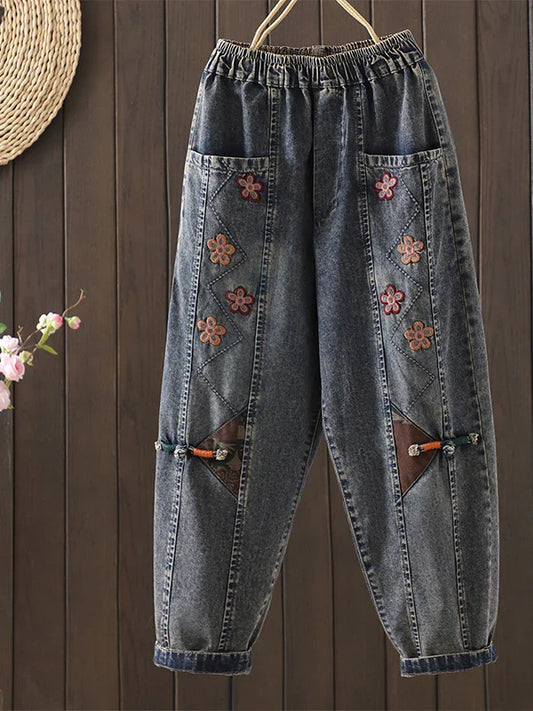 Retro Ethnic Sle Embroidered  Plum Blossom Jeans Women Loose Patchwork Print Nine Points Harlan Pants Spring Sle